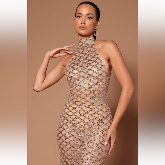 FASHION NOVA LUXE Emorie Gold Sequin Mesh Maxi Dress Size XL NWT NEVER WORN! - Picture 1 of 5